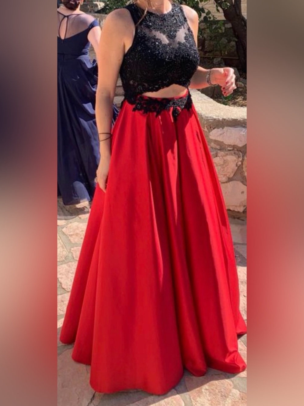 Elegant Red Two-Piece Prom Dress with Black Beaded Bodice
